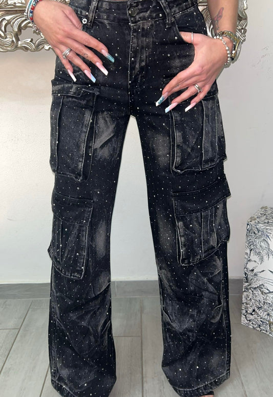 JEANS DIAMANTE CARGO BLACK